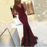 Sleeveless Mermaid Newest Lace Burgundy Formal Dresses Sweep Train V-neck Prom Dress BA6827