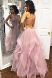 Sleeveless Open-Back Pink V-Neck Tulle Evening Dress