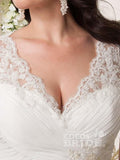 Sleeveless V Neck Lace Satin Ruffles Wedding Dresses