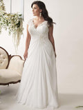 Sleeveless V Neck Lace Satin Ruffles Wedding Dresses