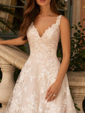 Sleeveless V Neck Tulle Lace Ivory A-Line Wedding Dresses