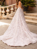 Sleeveless V Neck Tulle Lace Ivory A-Line Wedding Dresses