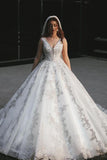 Sleeveless V Neck Tulle White Lace Ruffles A-Line Wedding Dresses