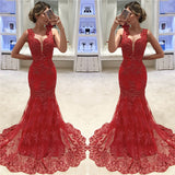 Sleeveless V-neck Mermaid Lace Evening Dress Red Sexy Prom Dresses Online