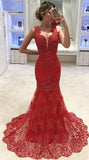 Sleeveless V-neck Mermaid Lace Evening Dress Red Sexy Prom Dresses Online