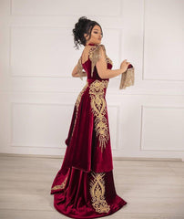 Sleeveless Velvet Burgundy Mermaid Prom Dress Tassel Gold Appliques Evening Gown with Side Split