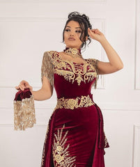 Sleeveless Velvet Burgundy Mermaid Prom Dress Tassel Gold Appliques Evening Gown with Side Split