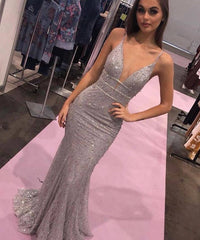 Slim Spaghetti Straps Mermaid Floor-Length Prom Dresses | Sequins Sleeveless Beading Evening Gown