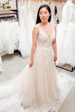 Spaghetti Strapes V neck Tulle Floor-Length Wedding Dress