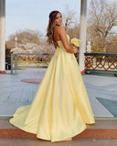 Spaghetti-Straps A-line Yellow Beautiful Sleeveless Floor-Length Prom Dresses