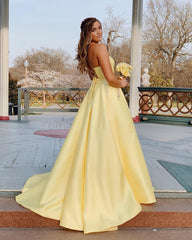 Spaghetti-Straps A-line Yellow Beautiful Sleeveless Floor-Length Prom Dresses