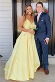 Spaghetti-Straps A-line Yellow Beautiful Sleeveless Floor-Length Prom Dresses