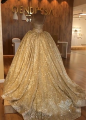 Spaghetti Straps Ball Gown Evening Dress | Gold Sparkle Sequins Luxury Formal Dress BC0826