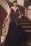 Spaghetti Straps Black Deep V-neck Evening Dress Mermaid Sexy Prom Dress FB0017