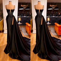 Spaghetti-Straps Black Mermaid Prom Dress Long With Slit