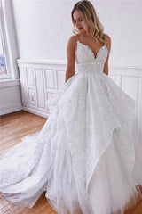 Spaghetti-Straps Charming A-line White Backless Wedding Dresses