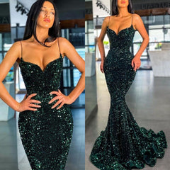 Spaghetti-Straps Dark green Mermaid Prom Dress Long On Sale