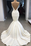 Spaghetti Straps Lace Mermaid Wedding Dresses Overskirt | Appliques Detachable Satin Backless Bridal Gowns BC0776