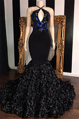 Spaghetti Straps Mermaid Black Flowers Prom Dresses | Sexy Sleeveless Keyhole Real Dress on Mannequins