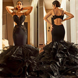 Spaghetti Straps Mermaid Black Prom Dresses | Ruffle Open Back Sexy Evening Dress