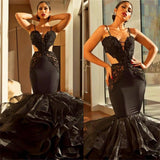 Spaghetti Straps Mermaid Black Prom Dresses | Ruffle Open Back Sexy Evening Dress