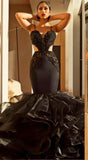 Spaghetti Straps Mermaid Black Prom Dresses | Ruffle Open Back Sexy Evening Dress