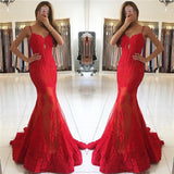 Spaghetti Straps Mermaid Red Prom Dresses Lace Appliques Sexy Evening Gowns BA6685