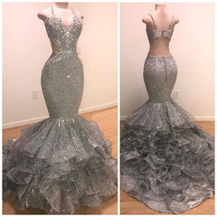 Spaghetti Straps Open Back Silver Grey Prom Dresses | Mermaid Tiered Ruffles Sexy Formal Dresses