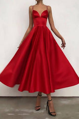 Spaghetti Straps Ruffles Satin Ruby Tee-Length Prom Dresses