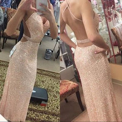 Spaghetti Straps Sequins Long Evening Dresses Open Back Prom Dress with Beading Belt BA3978