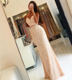 Spaghetti Straps Sequins Long Evening Dresses Open Back Prom Dress with Beading Belt BA3978