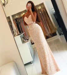 Spaghetti Straps Sequins Long Evening Dresses Open Back Prom Dress with Beading Belt BA3978