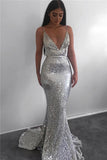 Spaghetti Straps Silver Sequins Sexy Evening Dresses | V-neck Mermaid Formal Prom Dresses BC0851