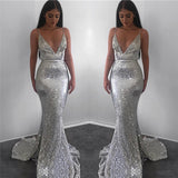 Spaghetti Straps Silver Sequins Sexy Evening Dresses | V-neck Mermaid Formal Prom Dresses BC0851