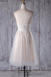 Spaghetti Straps Tulle Nude Pink Lace Short Prom Dresses