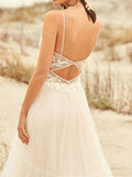 Spaghetti Straps Tulle V Neck A-Line Wedding Dresses With Lace Appliques