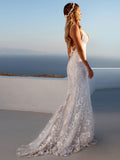 Spaghetti Straps Tulle V Neck Appliques Backless Mermaid Wedding Dresses