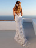 Spaghetti Straps Tulle V Neck Appliques Backless Mermaid Wedding Dresses