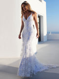 Spaghetti Straps Tulle V Neck Appliques Backless Mermaid Wedding Dresses