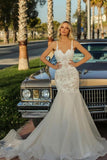 Spaghetti Straps Tulle White Lace Mermaid Wedding Dresses