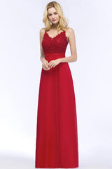 Spaghetti Straps V-Neck Chiffon Lace Evening Dress in Stock