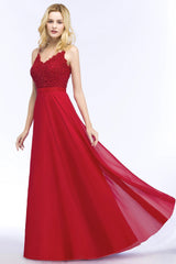 Spaghetti Straps V-Neck Chiffon Lace Evening Dress in Stock