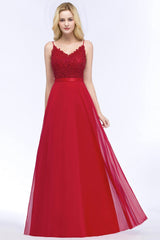 Spaghetti Straps V-Neck Chiffon Lace Evening Dress in Stock