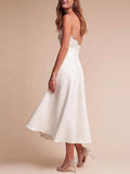 Spaghetti Straps V Neck Lace Tea-Length Ruffles Wedding Dresses