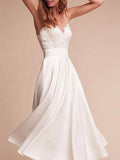 Spaghetti Straps V Neck Lace Tea-Length Ruffles Wedding Dresses