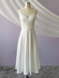 Spaghetti Straps V Neck Lace Tea-Length Ruffles Wedding Dresses