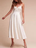 Spaghetti Straps V Neck Lace Tea-Length Ruffles Wedding Dresses