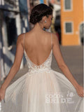 Spaghetti Straps V Neck Tulle Lace A-Line Prom Dresses