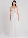 Spaghetti Straps V Neck Tulle Zipper A-Line Wedding Dresses With Lace