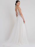 Spaghetti Straps V Neck Tulle Zipper A-Line Wedding Dresses With Lace